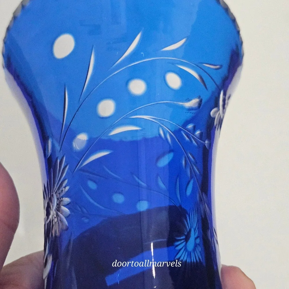 VTG Val St Lambert Footed Vase Cobalt Blue Cut-to-Clear Crystal Europe Art Deco